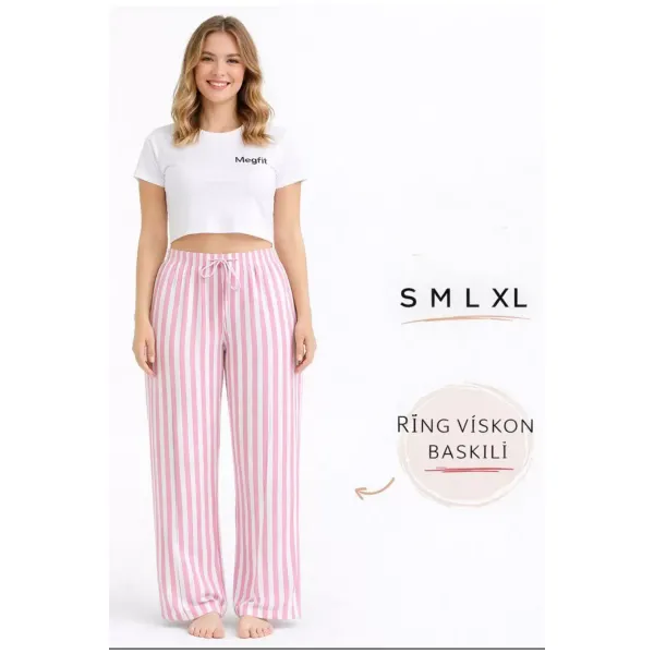 Viskon Pamuklu Kadın Pudra Pembe Çizgili Pijama Pantolon - MG004 - Mudanis
