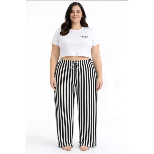 Viskon Pamuklu Kadın Büyük Beden Siyah Çizgili Pijama Pantolon - MGB001 - Mudanis