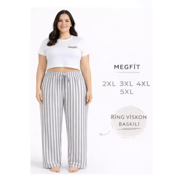 Viskon Pamuklu Kadın Büyük Beden Açık Gri Çizgili Pijama Pantolon - MGB006 - Mudanis