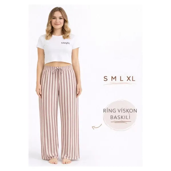 Viskon Pamuklu Kadın Gül Kurusu Çizgili Pijama Pantolon - MG003 - Mudanis