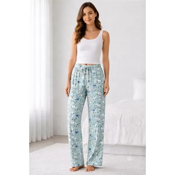 Viskon Pamuklu Kadın Deniz Mavisi Desenli Pijama Pantolon - MG012 - Mudanis