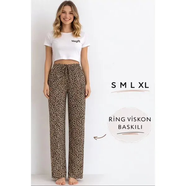 Viskon Pamuklu Kadın Leopar Desenli Pijama Pantolon - MG005 - Mudanis
