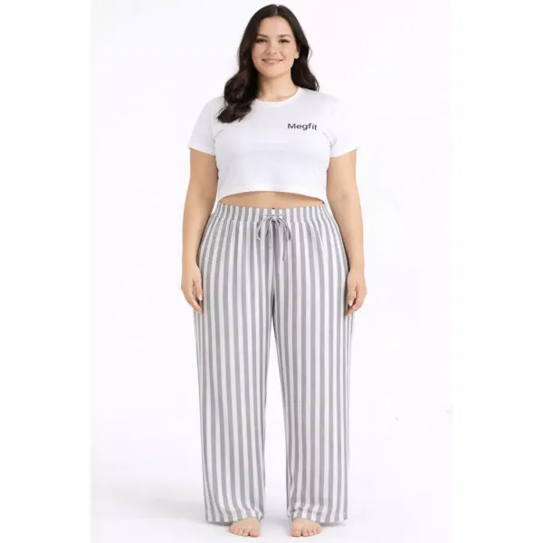 Viskon Pamuklu Kadın Büyük Beden Açık Gri Çizgili Pijama Pantolon - MGB006 - Mudanis