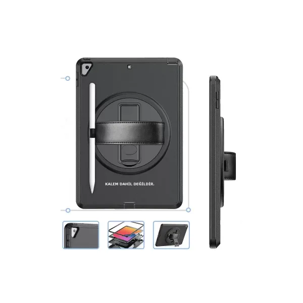 Apple İpad 10.2 (7.nesil) Kılıf Hand Strap Tablet Kılıfı - Siyah