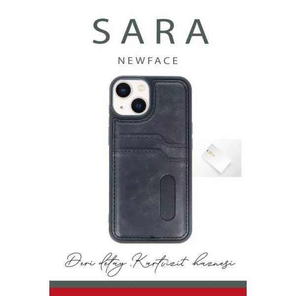 Apple İphone 14 Kılıf Sara Kartvizitli Deri Kılıf - Siyah