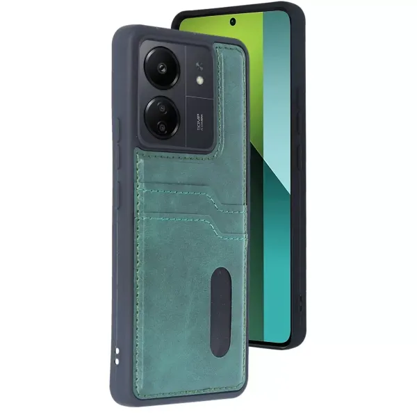 Xiaomi Redmi 13c Kılıf Sara Kartvizitli Deri Kılıf - Koyu Yeşil