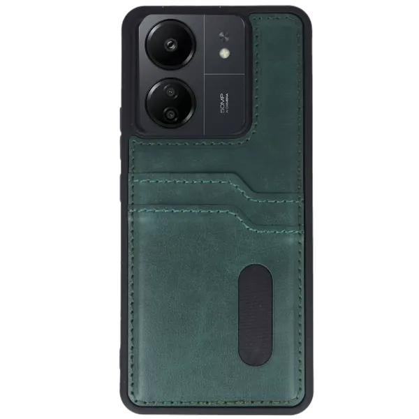 Xiaomi Redmi 13c Kılıf Sara Kartvizitli Deri Kılıf - Koyu Yeşil