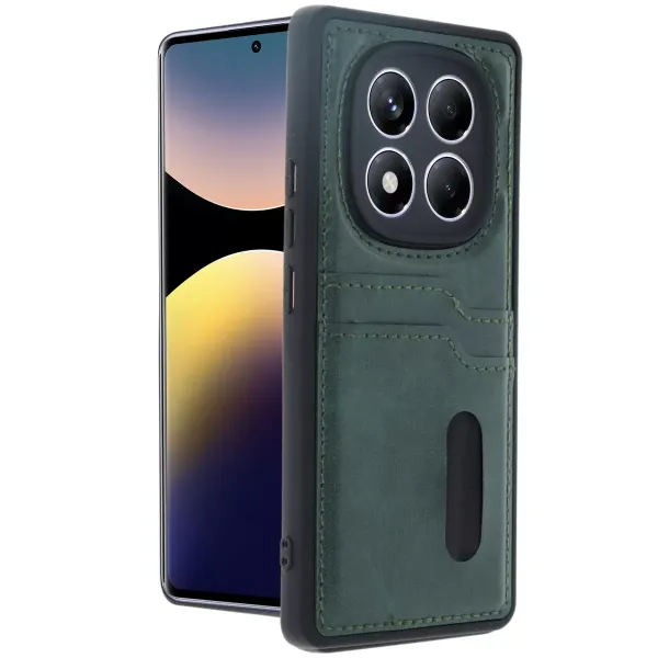 Xiaomi Redmi Note 14 Pro 4g Kılıf Sara Kartvizitli Deri Kılıf - Koyu Yeşil