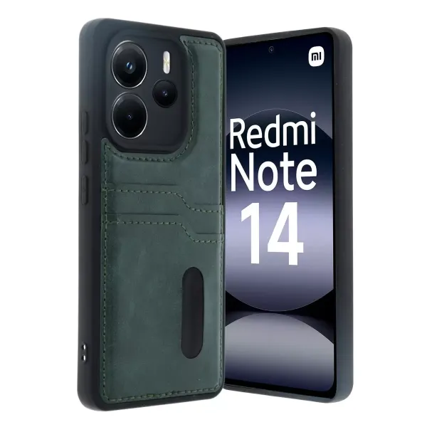Xiaomi Redmi Note 14 4g Kılıf Sara Kartvizitli Deri Kılıf - Koyu Yeşil