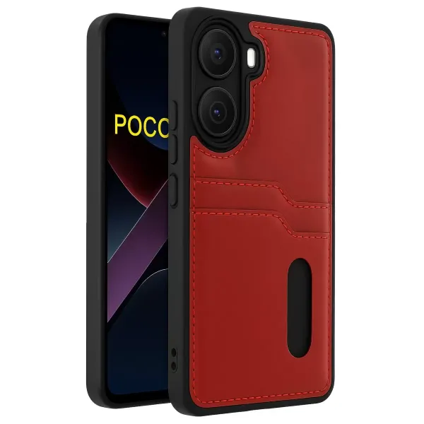 Xiaomi Poco X7 Pro Kılıf Sara Kartvizitli Deri Kılıf - Kırmızı