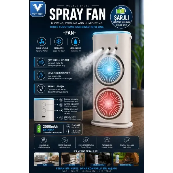 Çift Başlıklı Sprey Fan Nemlendirici Ve Renkli Led Işıklı Beyaz