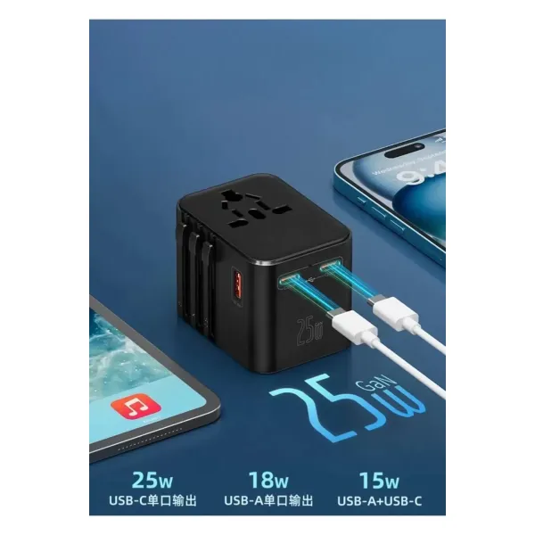 25w Evrensel Seyahat Adaptörü, Eu/us/uk/au Priz Dönüştürücü, 1x Usb, 2x Type-c Hızlı Şarj