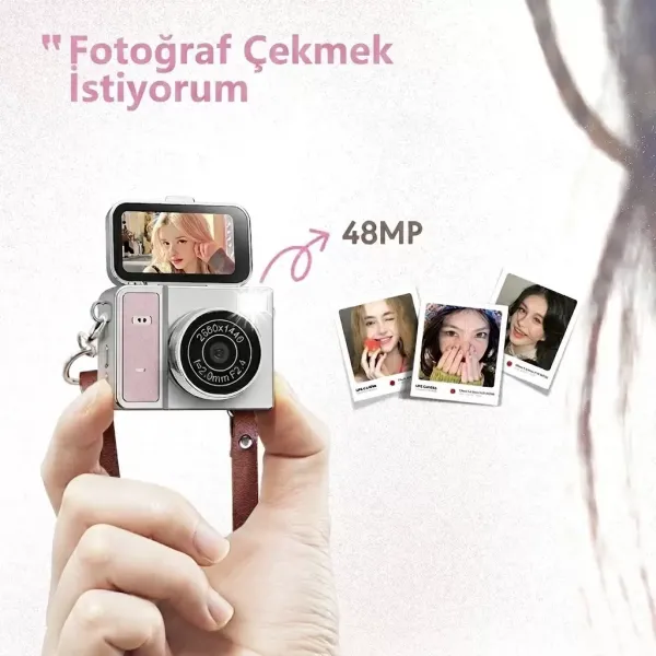 2k Mini Dijital Retro Video Kamera Flaşlı Dijital Vlog Mini Fotoğraf Makinesi Türkçe Menü Bej