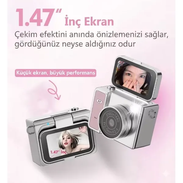2k Mini Dijital Retro Video Kamera Flaşlı Dijital Vlog Mini Fotoğraf Makinesi Türkçe Menü Pembe