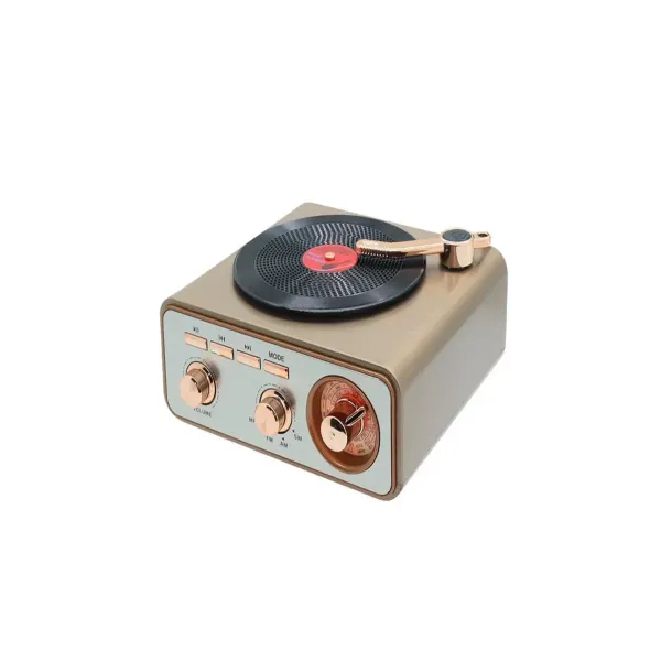 Metalik Nostaljik Tasarım Plak Çalar Görünümlü Radyolu Bluetooth Hoparlör Retro Müzik Plak