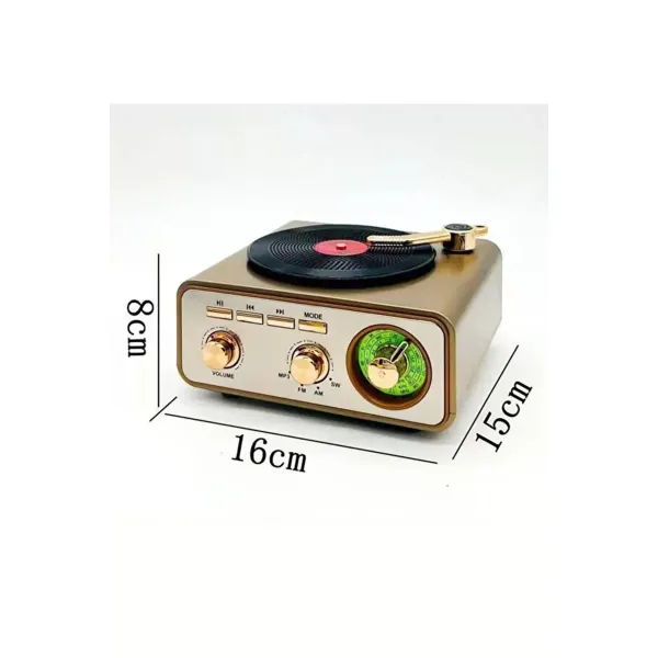 Metalik Nostaljik Tasarım Plak Çalar Görünümlü Radyolu Bluetooth Hoparlör Retro Müzik Plak