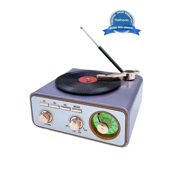 Metalik Nostaljik Tasarım Plak Çalar Görünümlü Radyolu Bluetooth Hoparlör Retro Müzik Plak