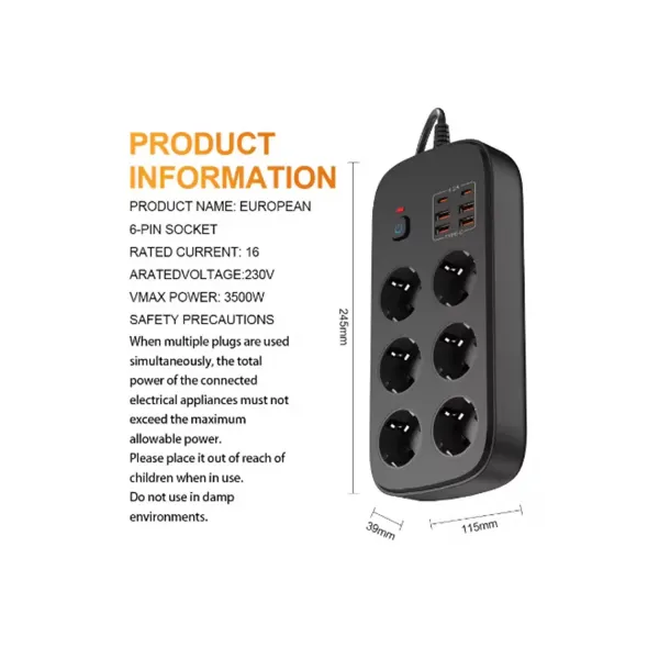 Termal Akım Korumalı 6’lü Priz 4x Usb 2x Type-c Çıkışlı Grup Priz Çoğaltıcı (3500w) Siyah