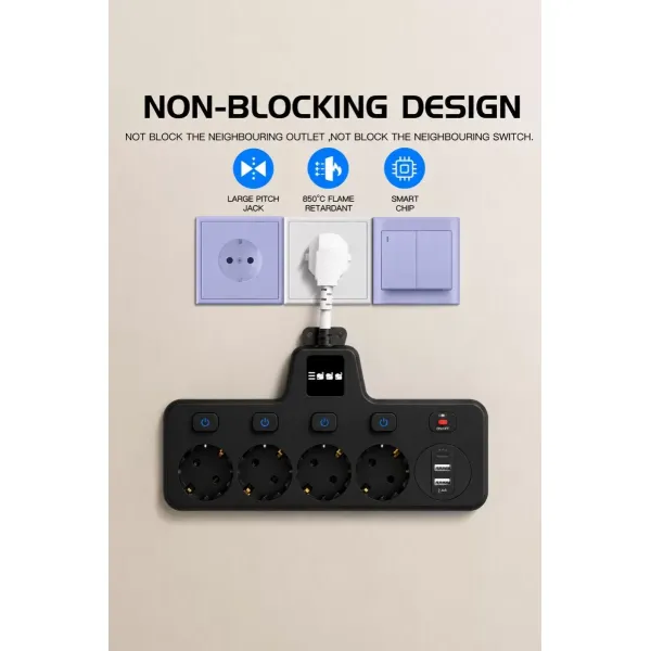 Termal Akım Korumalı 4’lü Duvar Tipi Priz 2x Usb 2x Type-c Çıkışlı Grup Priz Çoğaltıcı Siyah (2500w)