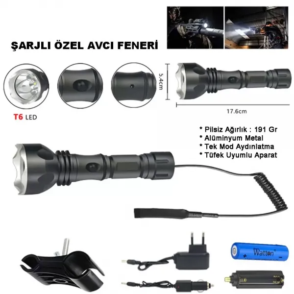 Orjinal 600 Lümen Tx6 Şarjlı Özel Avcı Feneri  Wt-253