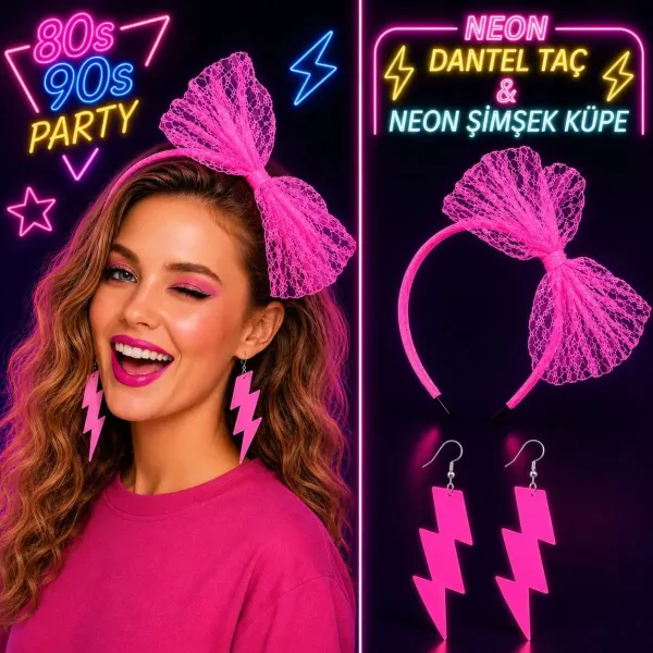 Neon Pembe Dantel Taç Ve Şimşek Küpe 8039ler 9039lar Parti Seti