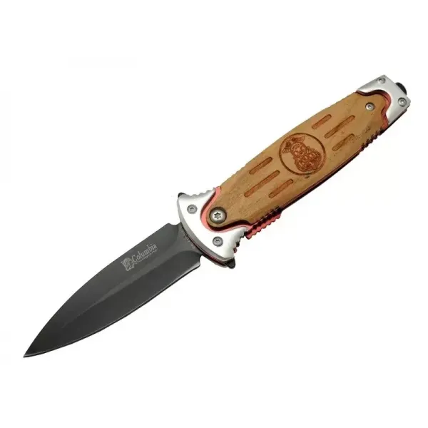 Fs 11031 Kahverengi Kamp Çakı 20cm- Police İşlemeli, Ahşap Sap, Kemerlikli, Cam Kırma Aparatlı