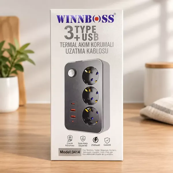Termal akım korumalı 3 prizli USB'li priz