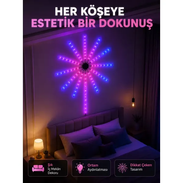 Telefon Kontrollü Rgb Fireworks Led Işık Çok Renkli Dekoratif Duvar Lambası