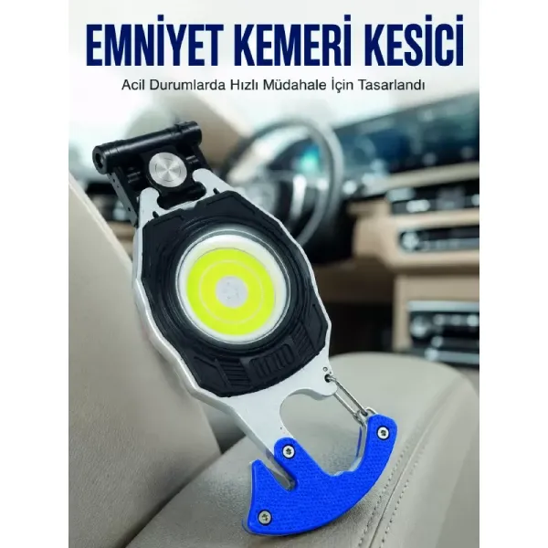 Şarjlı Acil Durum Feneri Elektronik Çakmak Tornavida Ve Emniyet Kemeri Kesicili Taşınabilir El Feneri
