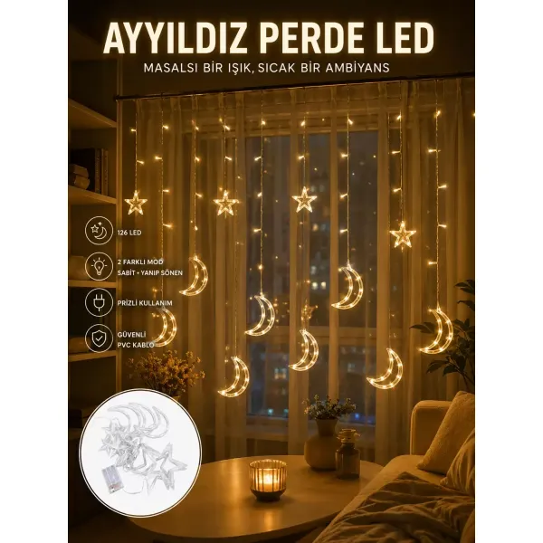 Yıldız Ve Ay Figürlü Prizli Perde Led Işık Romantik Ortam Aydınlatması Yeni Nesil