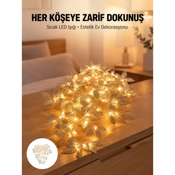 Yaprak Şekilli Gümüş Led Işık Pilli Dekoratif Aydınlatma