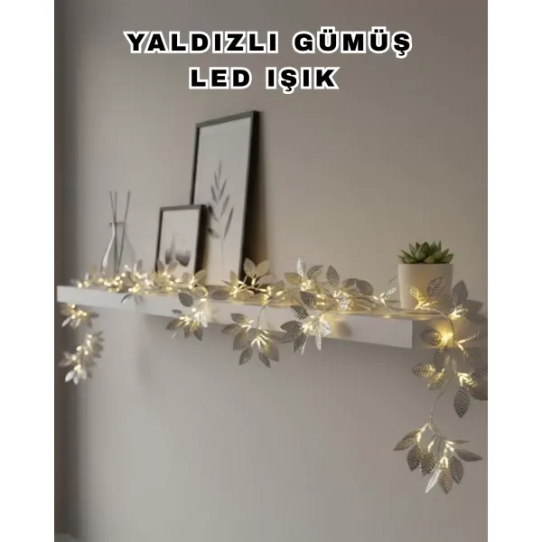 Yaldızlı Gümüş Yaprak Led Işık Pilli Dekoratif Ortam Ve Yılbaşı Aydınlatması