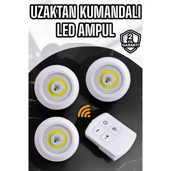 Spot Lamba Led Işık 3'lü Uzaktan Kumandalı Pilli Yapışkanlı Kablosuz Yeni Nesil