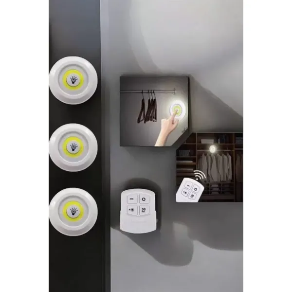 Spot Lamba Led Işık 3'lü Uzaktan Kumandalı Pilli Yapışkanlı Kablosuz Yeni Nesil