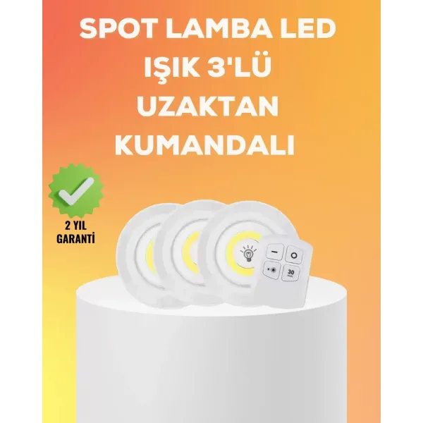 Çok Amaçlı Kullanım İçin Kablosuz Yapışkanlı 3 Lü Uzaktan Kumandalı Led Spot Lamba