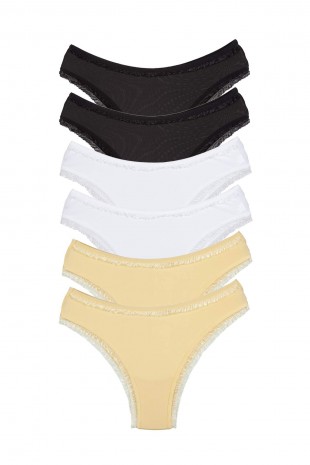 6 Adet Kadın Mikro Bikini Külot İnce Lastik FırFır Kenarlı Yumuşak Doku İç Giyim Siyah Beyaz Ten