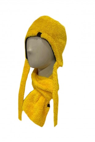 Peluş Sarı Çocuk Bere Ve Atkı Takımı Kışlık Sıcak Tutan 2'li Set