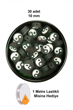 30 Adet 10 mm Polimer Kil Fimo Boncuk Takı Bileklik + 1 Metre Lastikli Misina Hediye - Yin Yang