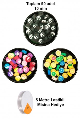 90 Adet 10 mm Polimer Kil Fimo Boncuk Takı Bileklik + 5 Metre Misina Hediye - Yin Yang - Yin Yang - Limon